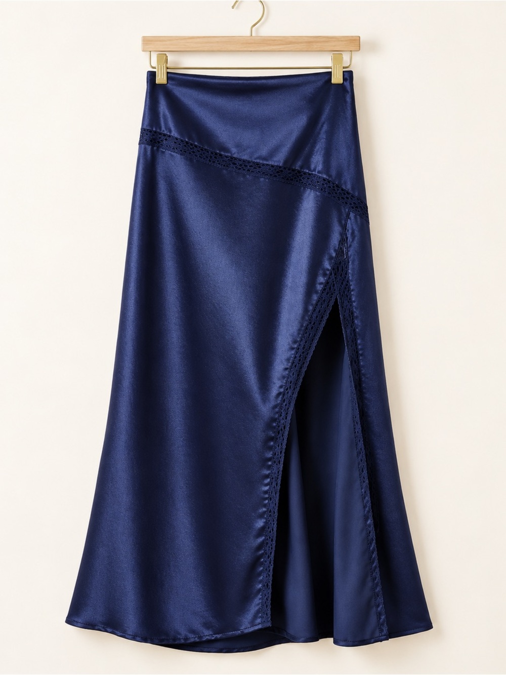 Free People Midi Skirt Blue Thigh High Slit Lace Trim Size 4